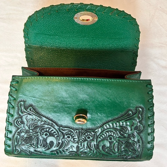 Green Handbag Mini Sara Hand-Tooled Artesian 100% Genuine Leather (H) - Picture 5 of 13